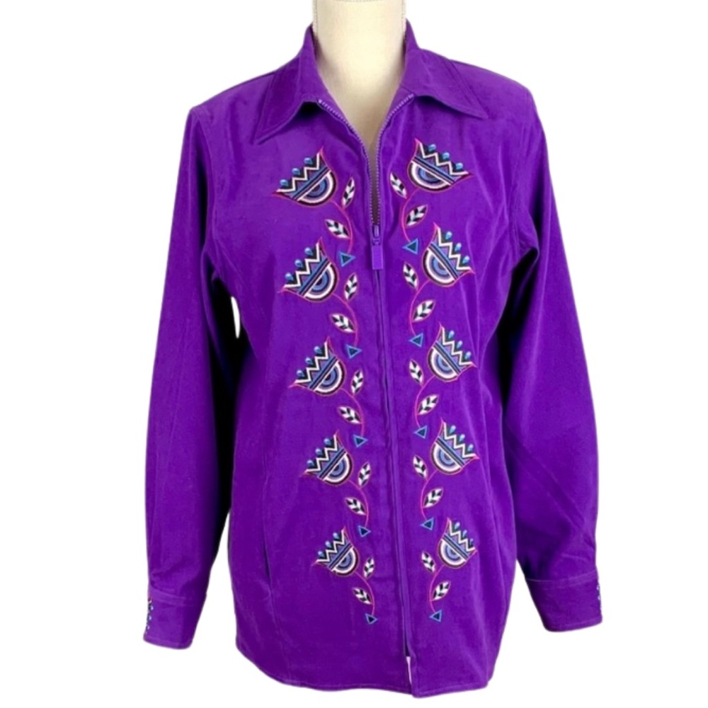 Vintage Bob Mackie Purple Embroidered Suede Wearable Art Shacket Jacket X-Small - Picture 2 of 15